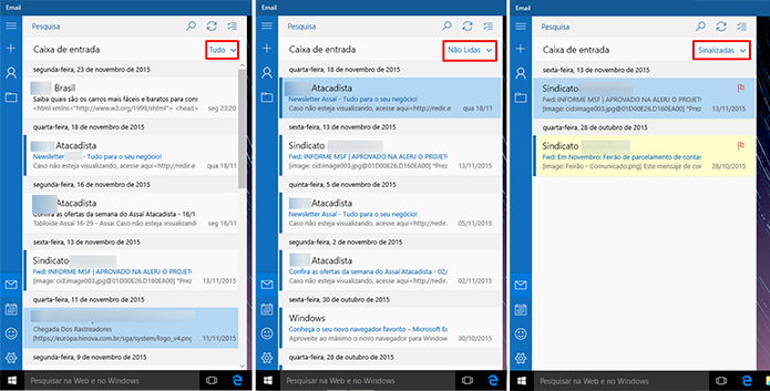 E-mail do Windows 10 pode ter mensagens filtradas na caixa de entrada (Foto: Reprodução/Elson de Souza)