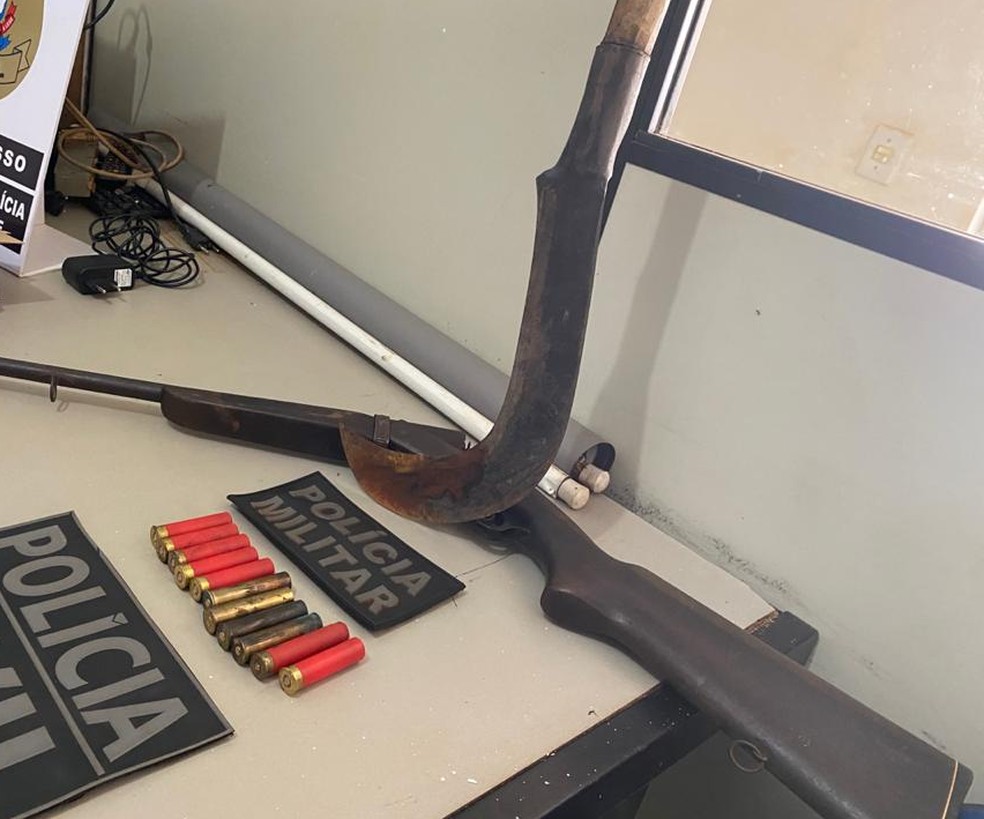 Espingarda e foice roubada e usada no crime foram apreendidas pela polícia — Foto: Polícia Militar