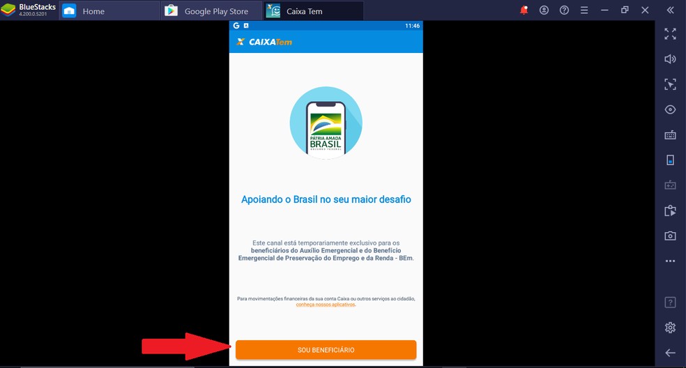 Clique em "Sou beneficiário" para continuar — Foto: Reprodução/Guilherme Ramos