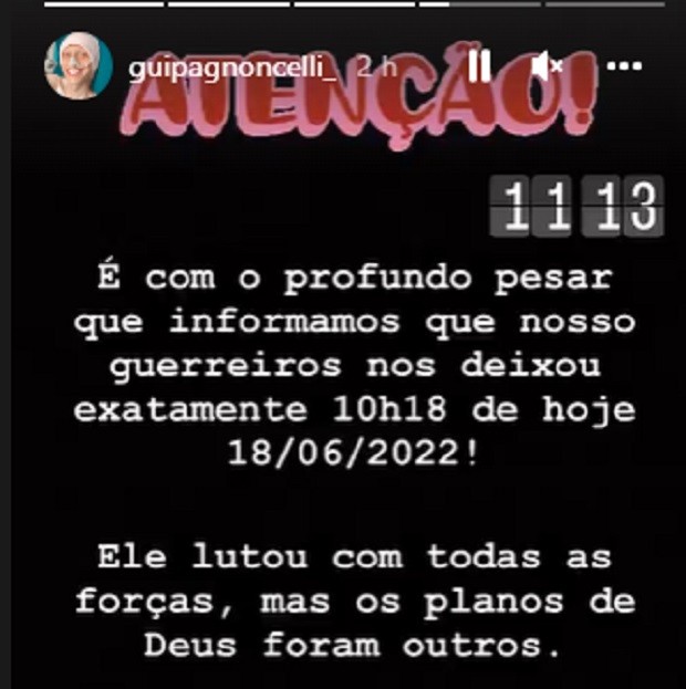 Comunicado que confirma la muerte de Gui Pagnoncelli (Imagen: Reproducción/Instagram)