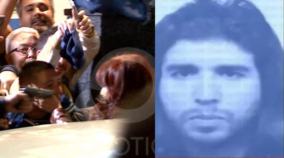 Montagem de fotos com imagem da arma apontada para Kirchner e o rosto do atirador — Foto: Handout / TV PUBLICA / AFP; C5N