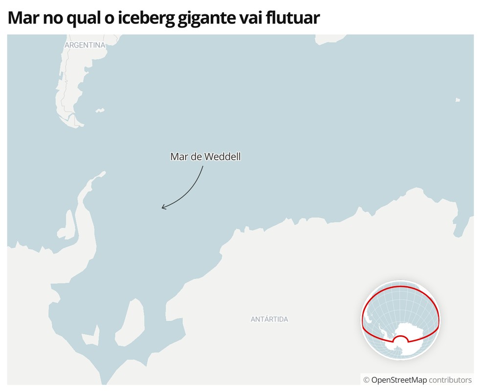 Mapa mostra a localização do Mar de Weddell, na Antártica — Foto:  G1