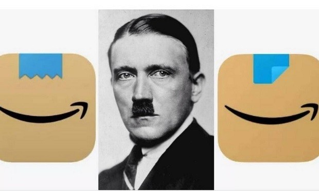 O novo logotipo da Amazon (à esquerda) e a versão revisada, com a foto de Hitler ao centro (Foto: Reprodução)