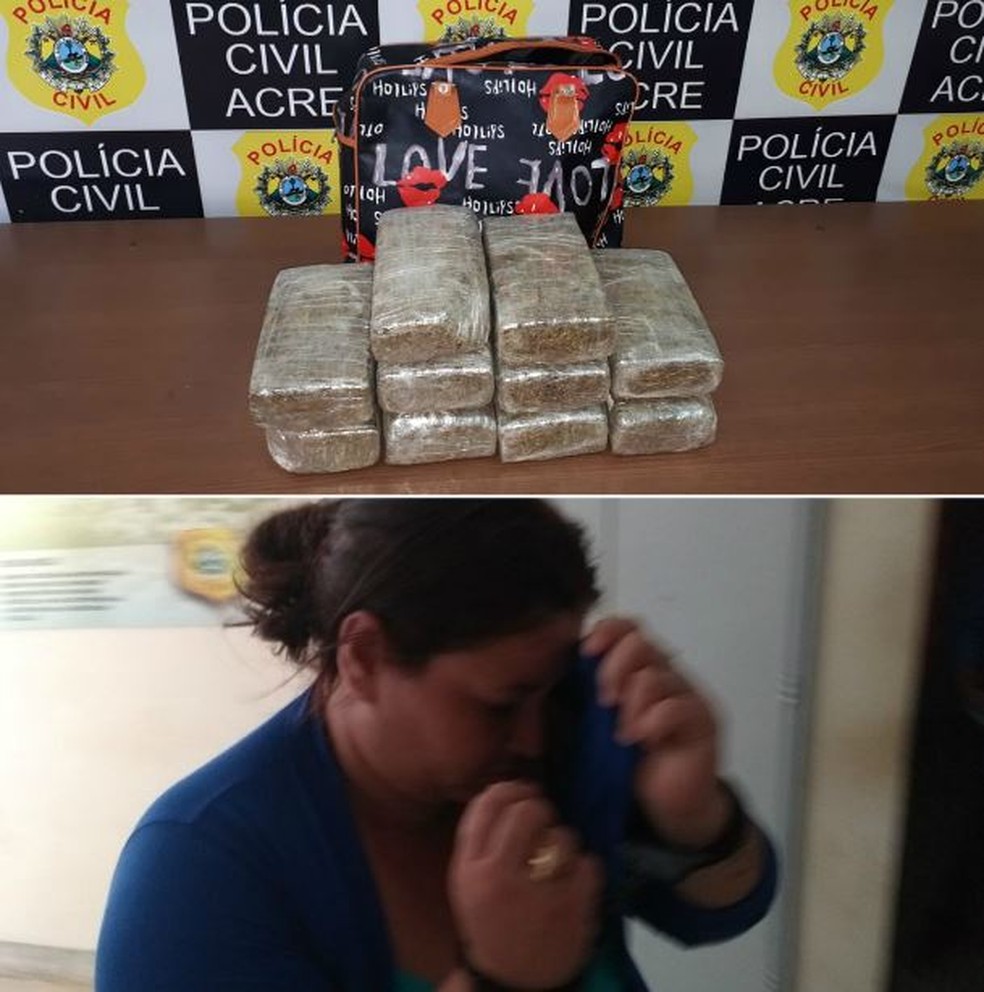 Mulher Ã© presa com 10 quilos de maconha em rodovia quando tentava mandar a droga para Rio Branco (Foto: Adelcimar Carvalho/G1)