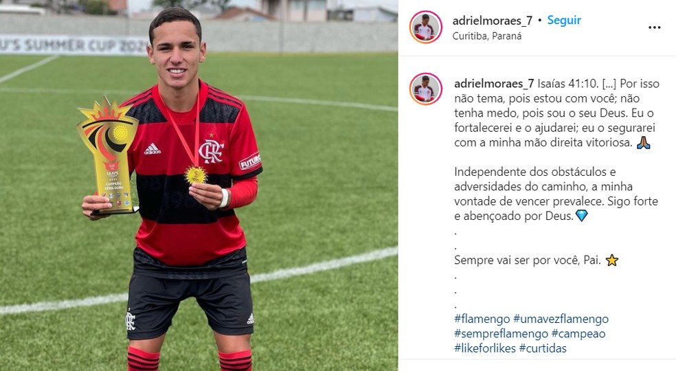 Adriel dedica título e gols pelo Flamengo ao pai, Angelo Márcio Moraes — Foto: Reprodução