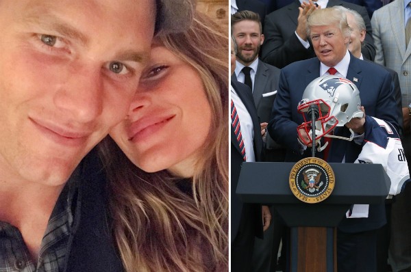Gisele Bündchen com Tom Brady e o Donald Trump com a camisa e o capacete do time do jogador (Foto: Instagram/Getty Images)