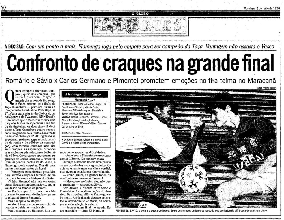 Pimentel tinha tanta moral no Vasco que até já foi alvo de reportagem antes de decisão contra o maior rival — Foto: Reprodução/Acervo o Globo