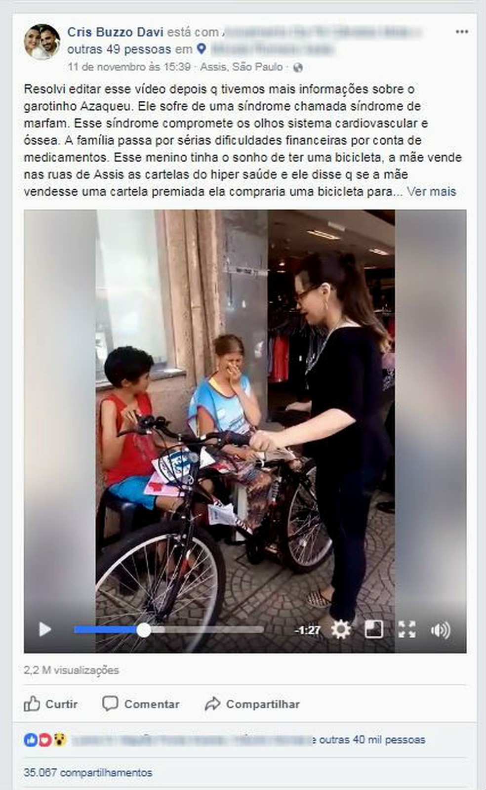 Vídeo da entrega da bicicleta viralizou nas redes sociais (Foto: Reprodução/Facebook)