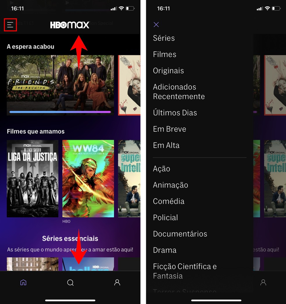 HBO Max permite navegar livremente pelas categorias ou acessar um menu para ver o catálogo — Foto: Reprodução/Rodrigo Fernandes