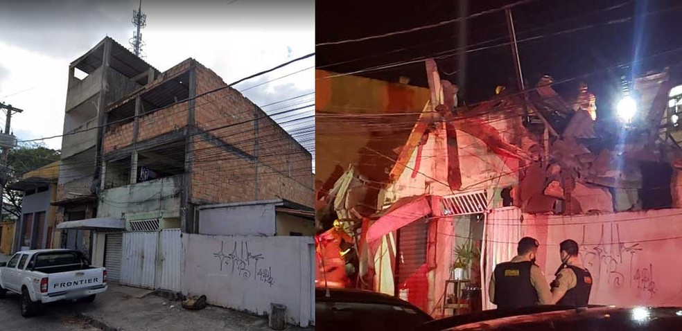 À direita, os prédios erguidos; à esquerda, após desabamentos — Foto: Reprodução/Google Maps e TV Globo
