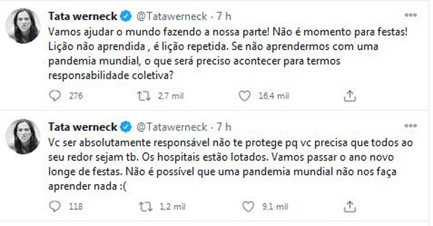 Tatá Werneck critica festas com aglomeração na pandemia de coronavírus (Foto: Reprodução / Twitter)