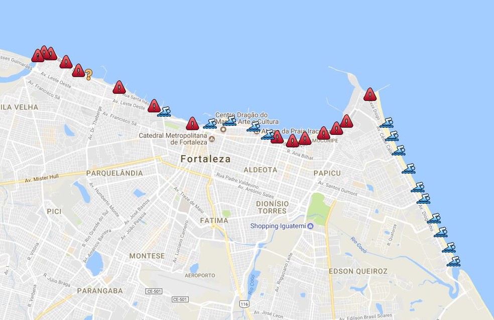 Boletim de balneabilidade de Fortaleza para o fim de semana dos dias 20 e 21 de janeiro de 2018 (Foto: Reprodução/Semace)