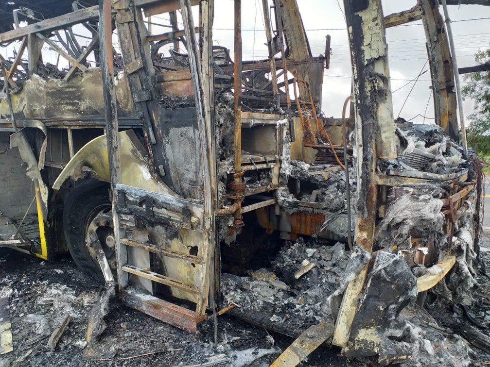 Ônibus interestadual pega fogo em rodovia no sul da Bahia e fica destruído — Foto: Site Bahia Extremo Sul