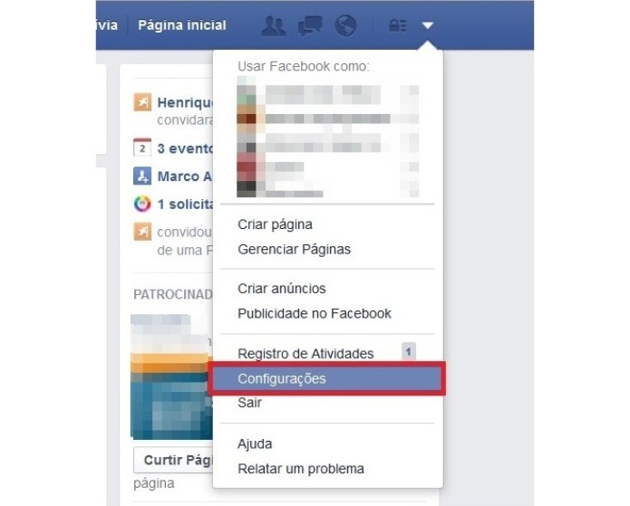 Atalho para as configurações do Facebook (Foto: Reprodução/Lívia Dâmaso)