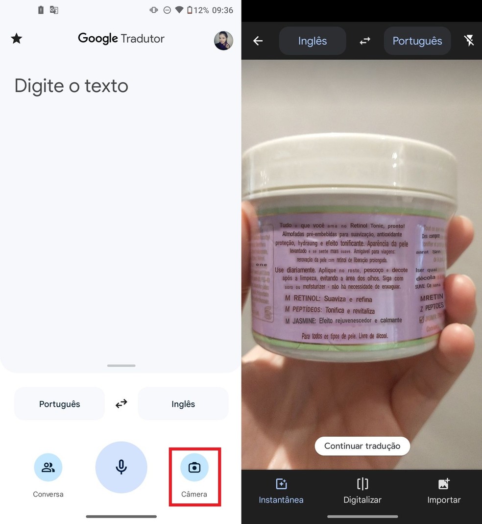 É possível usar a câmera do celular para traduzir textos no Google Tradutor — Foto: Reprodução/Clara Fabro