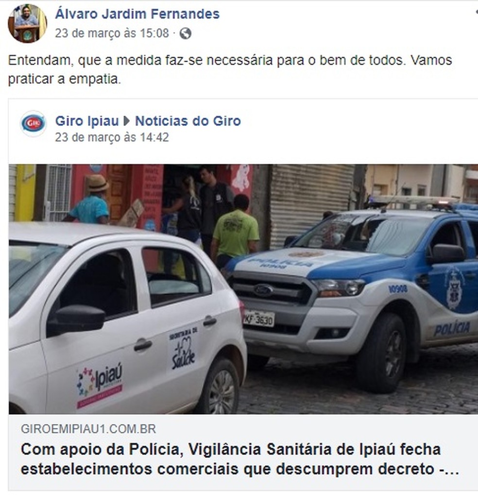 Álvaro defendia medidas de contenção contra o Covid-19 — Foto: Reprodução / Rede Social