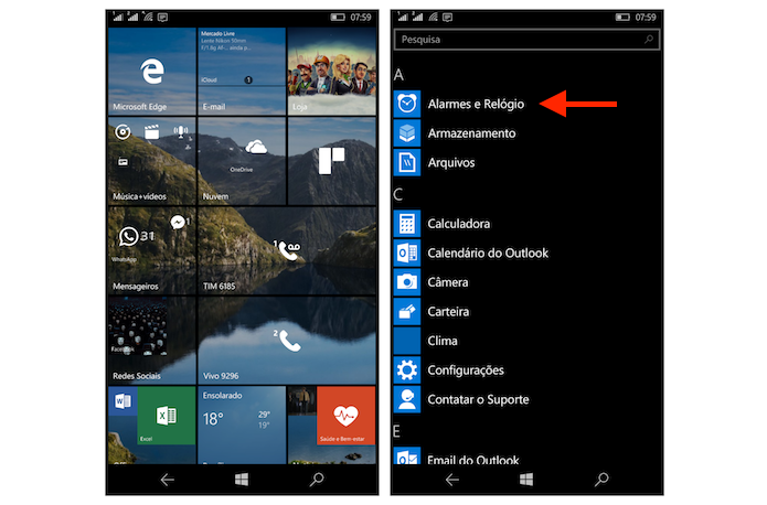 Acessando as opções para alarmes e relógios do Windows 10 Mobile (Foto: Reprodução/Marvin Costa)