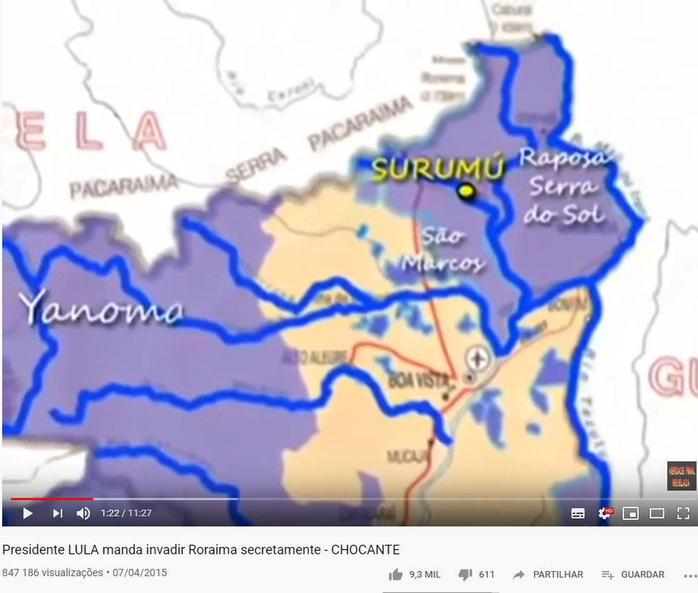 Vídeo que trata erroneamente a demarcação da Terra Indígena Raposa Serra do Sol como ordem secreta de invasão dada por Lula — Foto: Reprodução