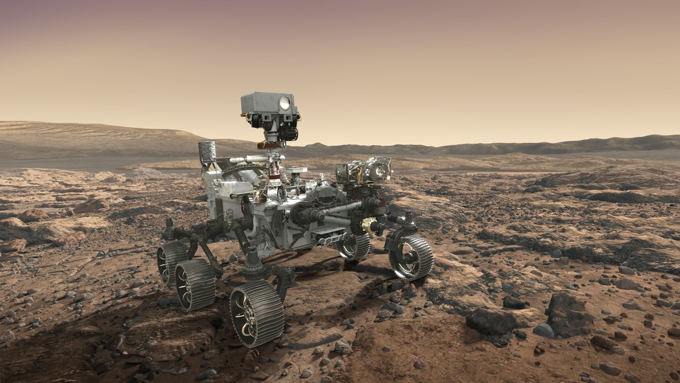 Impressão artística do robô Mars 2020, que vai buscar vestígios de vida em Marte. — Foto: Nasa/Mars Exploration Program