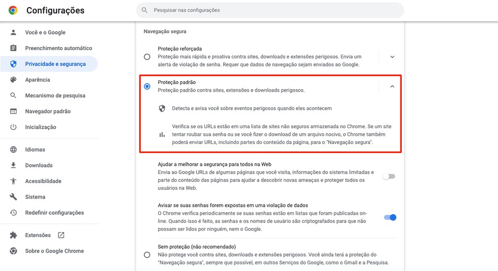 protecao padrao chrome