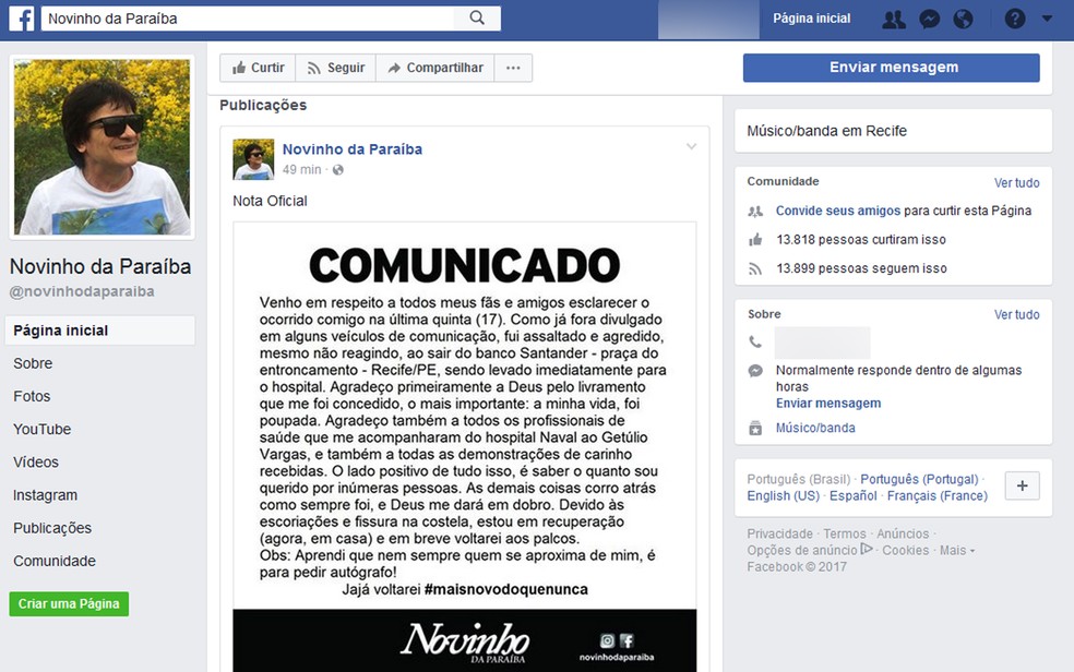 Cantor e músico Novinho da Paraíba usou as redes sociais para falar de assalto seguido de agressão no Recife (Foto: Reprodução/Facebook)