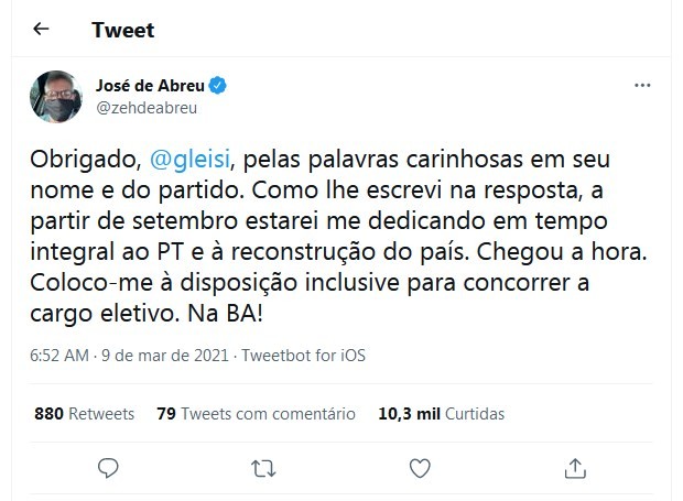 Post de José de Abreu (Foto: Reprodução/Twitter)