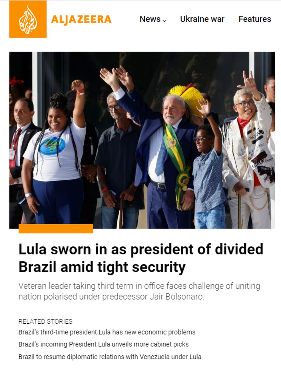 A "Al Jazeera" destacou a divisão na política brasileira e o esquema de segurança para a cerimônia de posse. — Foto: Reprodução