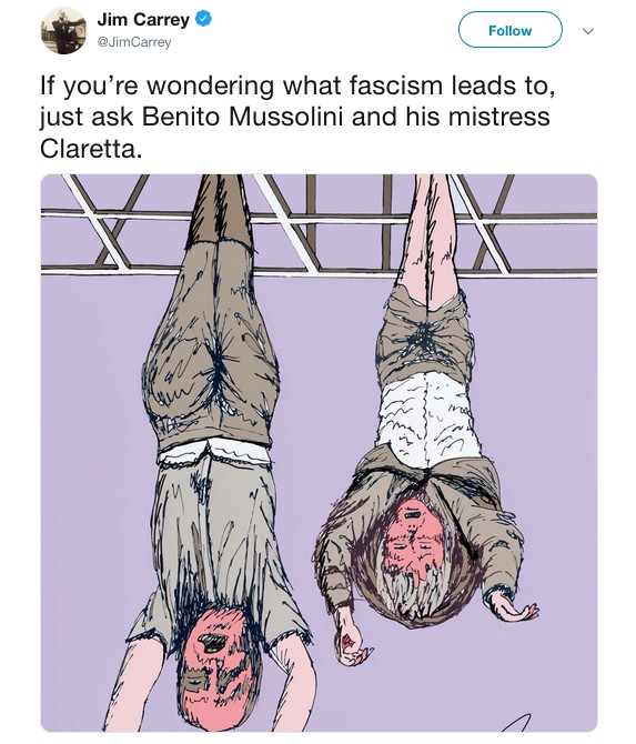 O desenho feito pelo ator Jim Carrey inspirado em registros do linchamento de Benito Mussolini (Foto: Twitter)