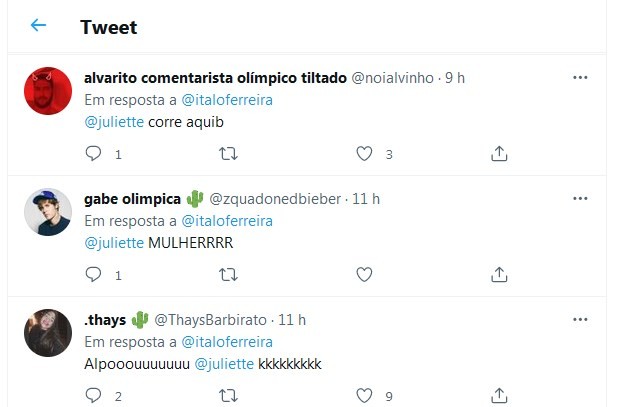 Fãs marcam Juliette em post de Italo Ferreira (Foto: Reprodução/Twitter)