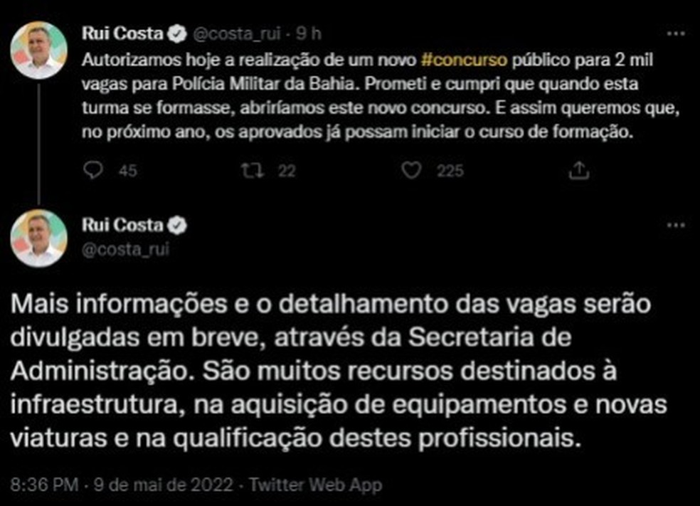 Governador Rui Costa autoriza concurso p&uacute;blico para Pol&iacute;cia Militar com 2 mil vagas, ap&oacute;s mortes de PMs &mdash; Foto: Reprodu&ccedil;&atilde;o/Redes Sociais