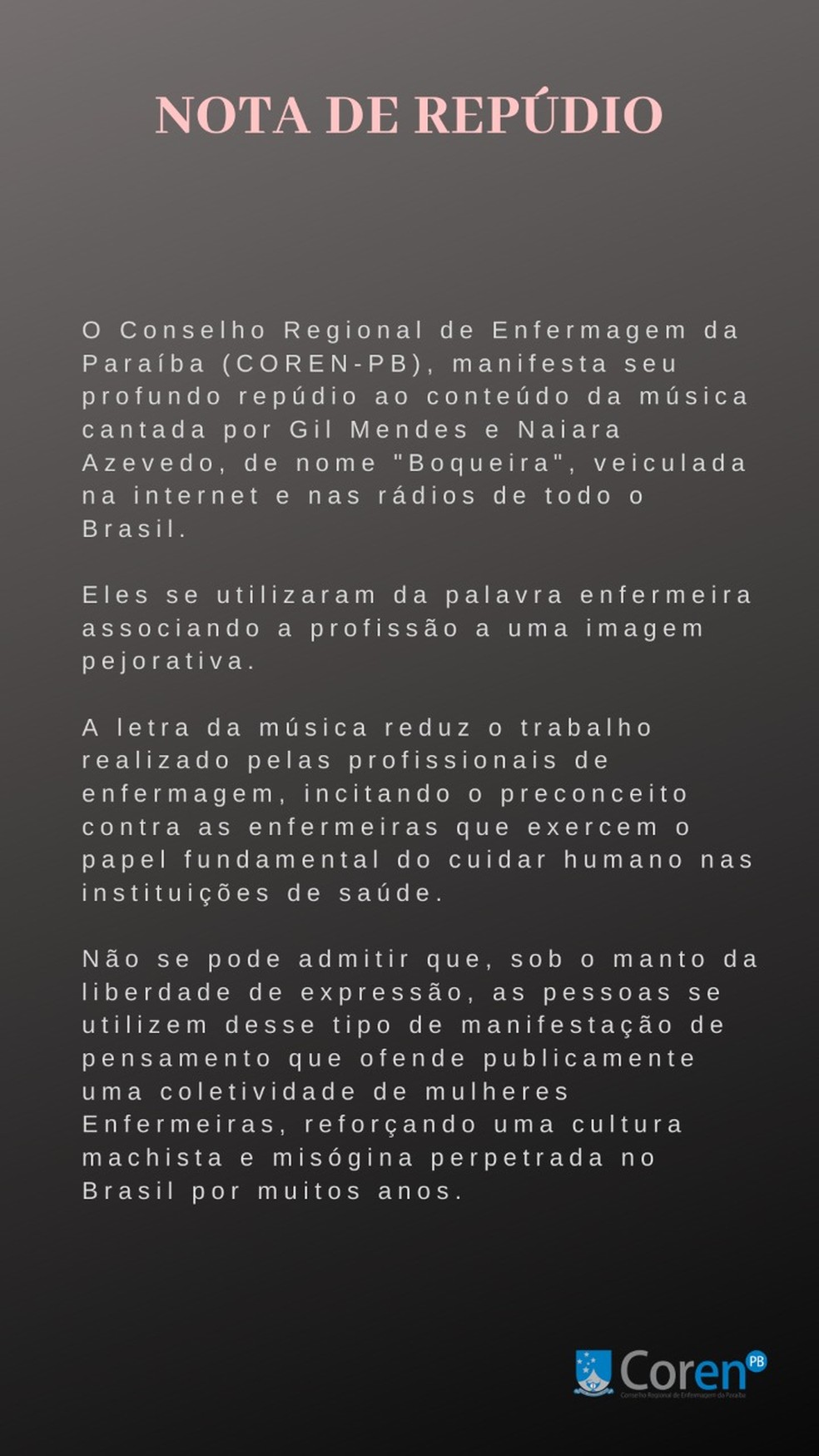 Nota foi publicada por Conselho Regional de Enfermagem da Para&iacute;ba nesta segunda-feira (21) &mdash; Foto: Reprodu&ccedil;&atilde;o/Coren-PB