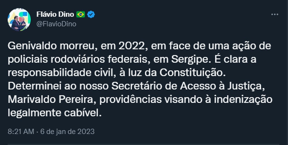 Flávio Dino diz que determinou indenização para família de Genivaldo, homem morto por agentes da PRF em Sergipe — Foto: Reprodução/Twitter
