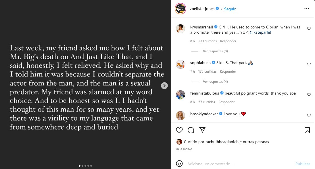 O post de Zoe Lister-Jones com as acusações contra Chris Noth (Foto: Instagram)