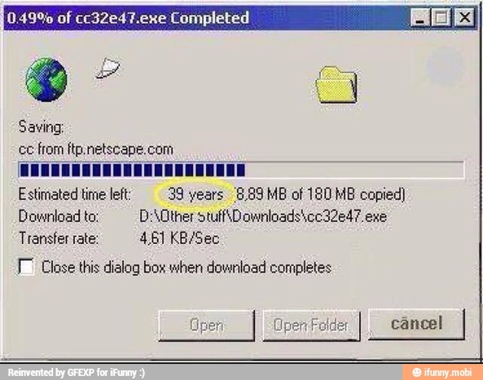 Tempo estimado para concluir o download: 39 anos — Foto: Reprodução/Internet
