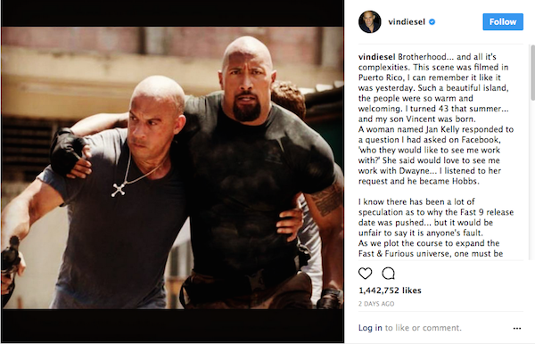 O ator Vin Diesel tentando diminuir a tensão entre The Rock e Tyrese Gibson (Foto: Instagram)