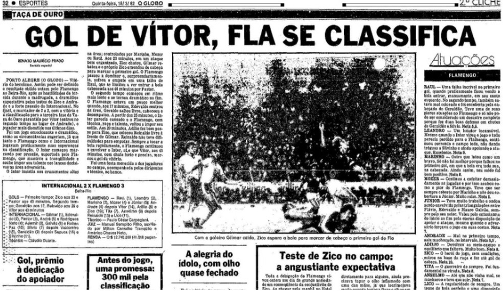 Flamengo vence o Inter em 1982 e avança no Brasileiro — Foto: Reprodução jornal O Globo