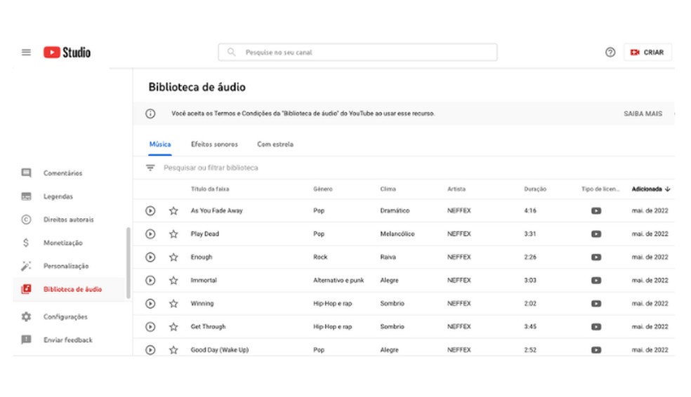 YouTube Audio Library é um site para baixar músicas do YouTube no PC e outras faixas — Foto: Reprodução/Kátia Moura