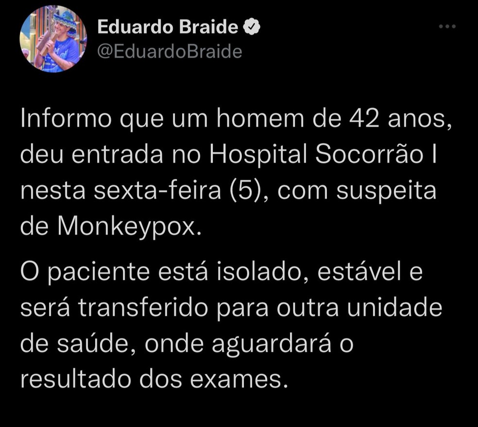 Caso suspeito da varíola dos macacos em São Luís foi informado por meio de uma rede social do prefeito Eduardo Braide — Foto: Divulgação/Redes Sociais