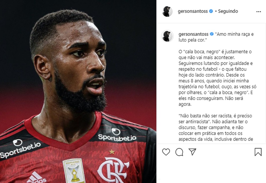 Gerson faz manifesto após ser vítima de racismo em Flamengo x Bahia — Foto: Reprodução