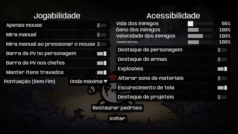 Brotato possui opções de acessibilidade que permite enfraquecer os monstros se o jogo estiver muito difícil — Foto: Reprodução/Rafael Monteiro