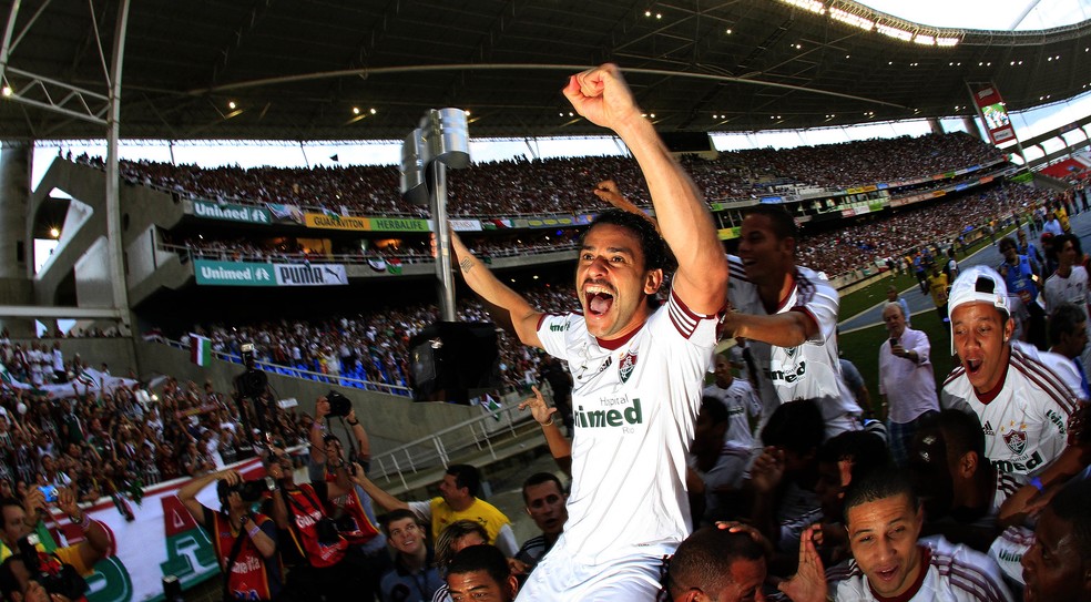 Fred na comemoração do tetracampeonato brasileiro do Fluminense em 2012 — Foto: Nelson Perez / FFC