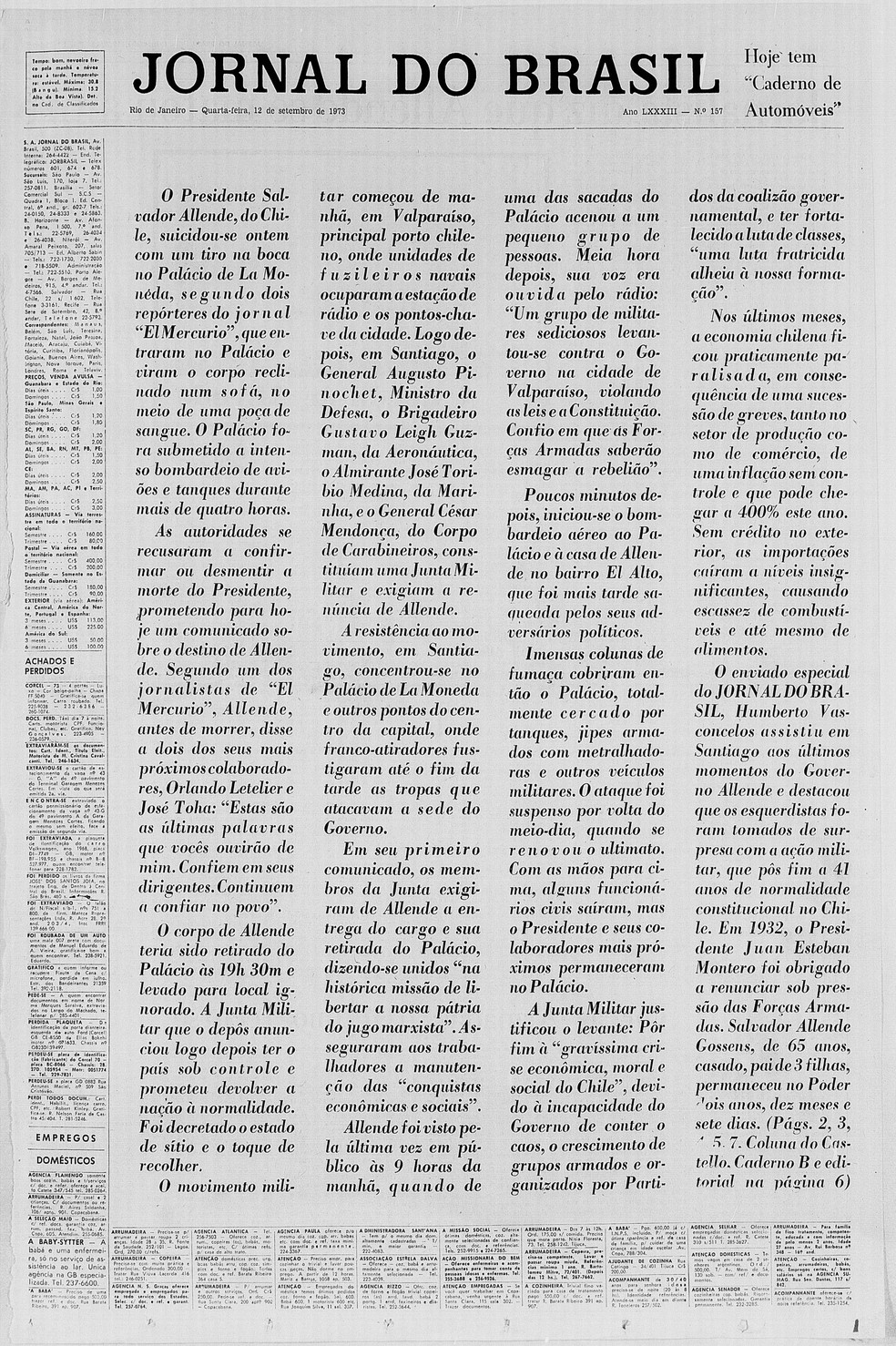 Morte de Salvador Allende foi noticiada na capa do 'Jornal do Brasil' sem título, após determinação do governo militar (Foto: Jornal do Brasil/CPDoc JB)