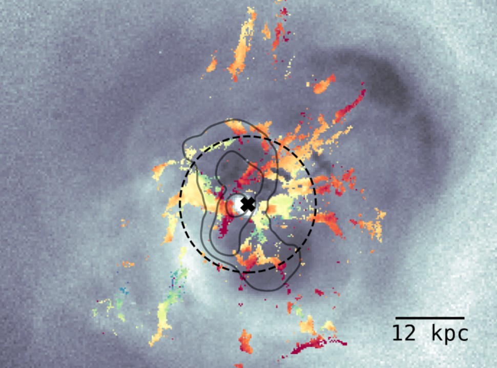 Imagem mostra como bolhas causam turbulência no aglomerado de Perseu, que têm um buraco negro no seu centro ( representado pelo X)   (Foto: Li et al.)