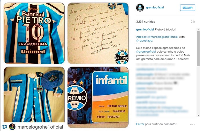 Grêmio presenteia filho de Grohe com camisa 10 e carteirinha de sócio