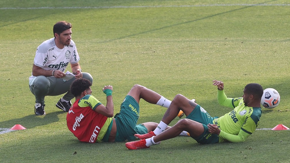 Abel Ferreira, Matheus Fernandes e Wesley, do Palmeiras — Foto: Cesar Greco / Ag. Palmeiras