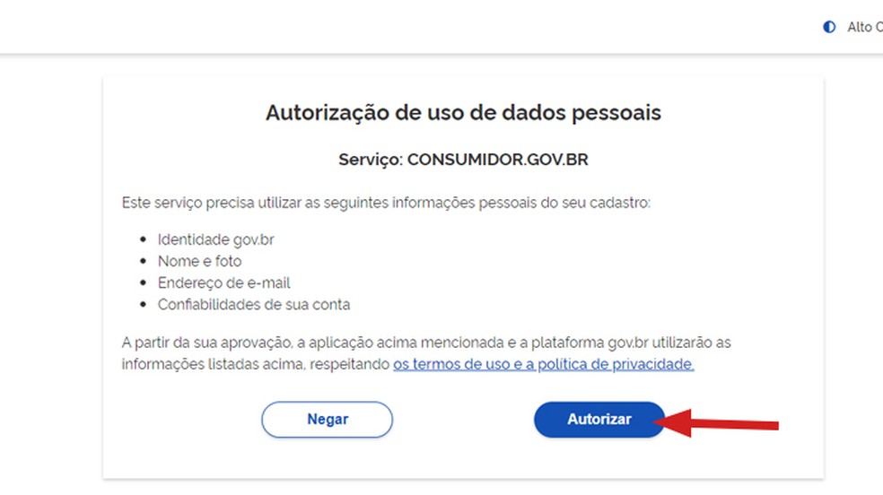 Ação para autorizar o site Consumidor.gov.br a ter acesso aos seus dados pessoais — Foto: Reprodução/Marcela Franco