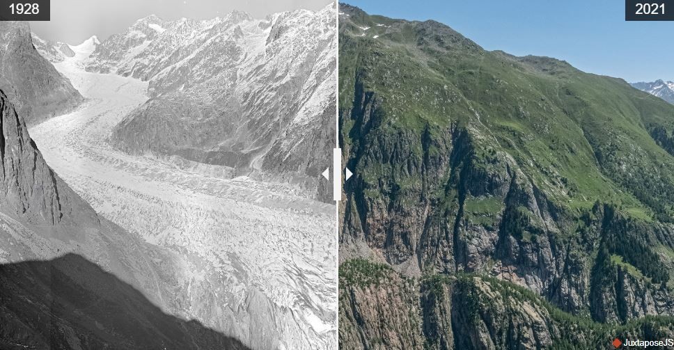 O Glaciar de Gorner e a área do Monte Rosa vistos de Schwarzsee em 1930 e 2022 (Foto: Swisstopo e VAW / ETH Zurique)