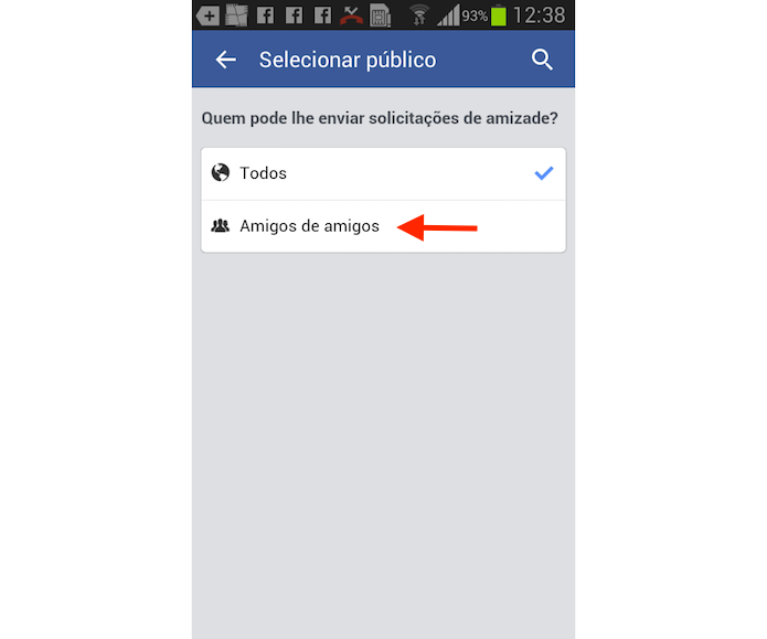 Opção para definir para amigos de amigos a possibilidade de envio de solicitações de amizade no Facebook para Android (Foto: Reprodução/Marvin Costa)