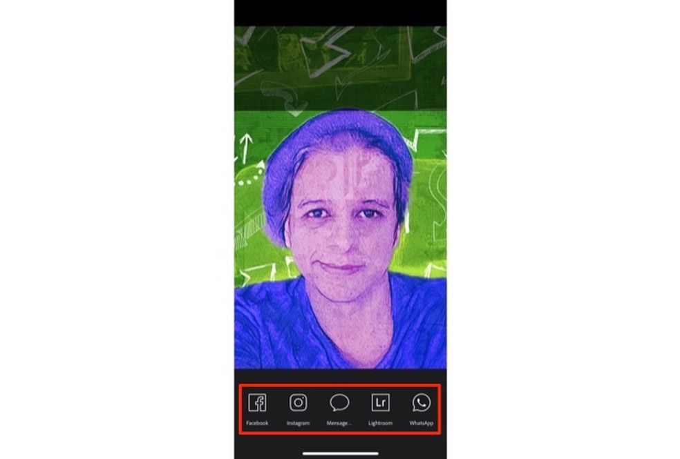 Ação para enviar uma imagem editada no Adobe Photoshop Camera para as redes sociais — Foto: Reprodução/Marvin Costa