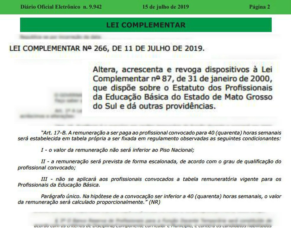 Reprodução de trecho da lei que entrou em vigor nesta segunda e que altera a remuneração dos professores convocados — Foto: Reprodução/G1 MS
